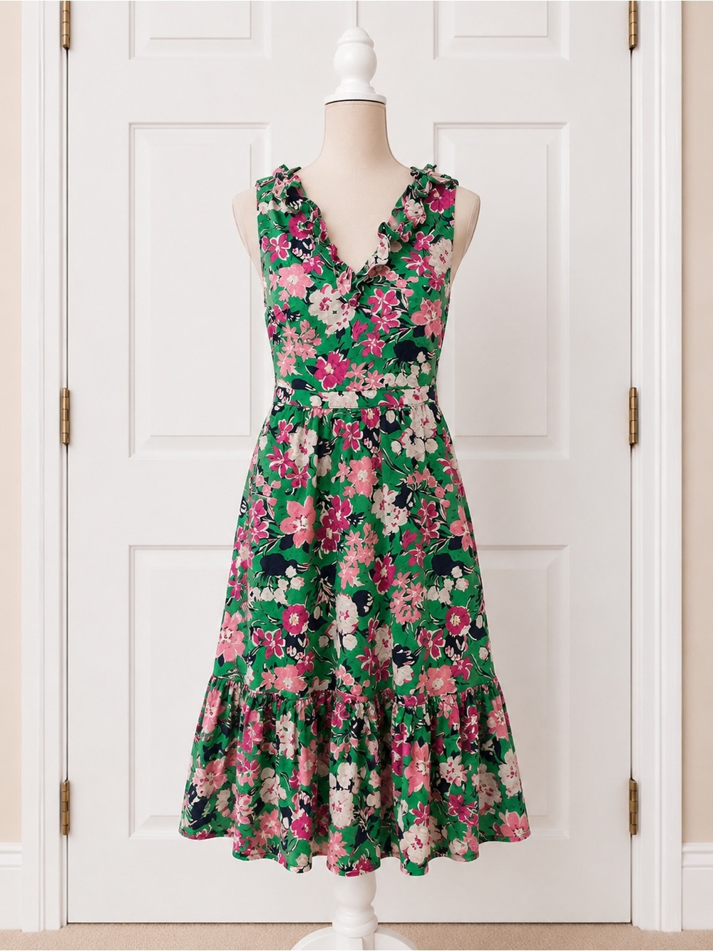 J.Crew Green Pink Floral Sleeveless Ruffle Hem Midi Dress Size 4